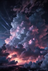 Atmospheric Night Sky with Fluffy Clouds and Neon Light, neon, surreal, colorful