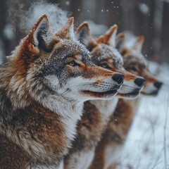 Wolves Feasting in Snow Covered Forest Pack Bonding Over Hunt