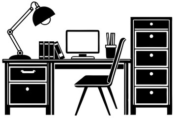 Minimalist Office Workspace Black and White Illustration