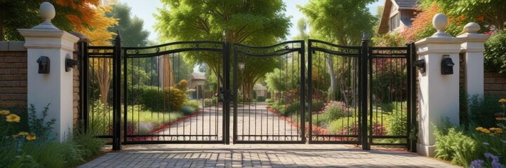 Fototapeta premium Automatic gate mechanism for gardens with GPS tracking and location monitoring, smart home, outdoor door