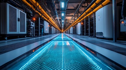 Illuminated Server Room Corridor Modern Data Center Technology
