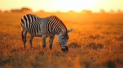 Naklejka premium Zebra Grazing in the Expansive African Savanna at Sunset