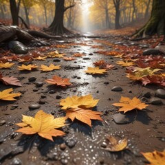 Autumn leaves scattered on wet earth and mud in a forest environment, leaf coverage, autumn colors, mud