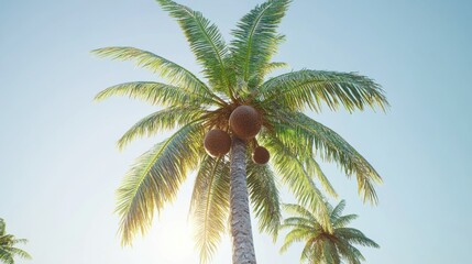 Sunlit tropical palm tree with coconuts against clear sky