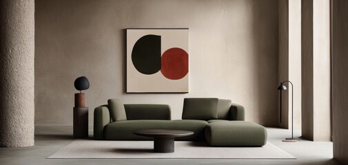Contemporary interior featuring a green modular sofa, neutral decor elements, and a blank horizontal frame, perfect for artwork display