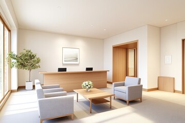 Modern office reception area with minimalistic design, natural light, and welcoming atmosphere