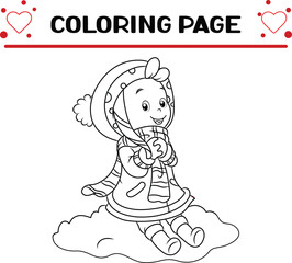 little girl is sitting snow looking sky coloring page for kids
