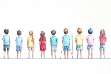 Fototapeta premium A diverse group of children standing in a line, showcasing different hairstyles and clothing styles, with a soft background