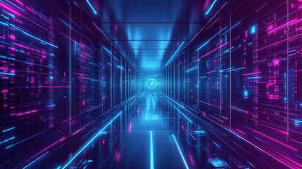 Futuristic neon digital corridor with glowing lights and geometric patterns