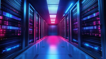 Futuristic neon-lit data center with high-tech server racks