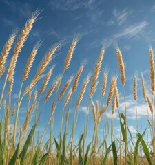 Barley stalks swaying in the wind against a clear blue sky , stalks, field, open fields