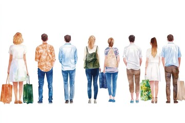 Fototapeta premium Group of diverse people standing together with shopping bags in a bright, minimalistic setting