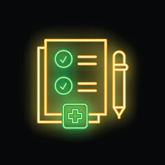 Neon medical report with check marks and a pen, glowing green and yellow against a black background