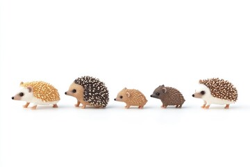Obraz premium A charming lineup of five adorable hedgehog figurines in various sizes against a clean backdrop