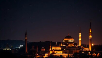Obraz premium Illuminated Mosque at Night Under Starry Sky