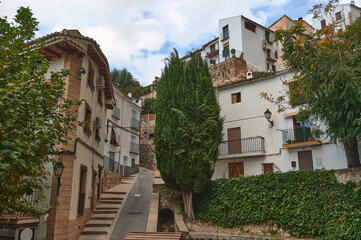 Charming village street with rustic houses surrounded by trees