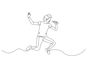 Continuous one line drawing of singer jump and holding microphone. One line drawing illustration of man singing and jump. Musician perfomance concept single line. Editable outline