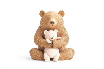 Adorable 3D-rendered bear and cub embracing in a soft, minimalist setting, showcasing warmth and love