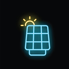Glowing neon icon representing a solar panel absorbing sunlight, symbolizing renewable energy and sustainability