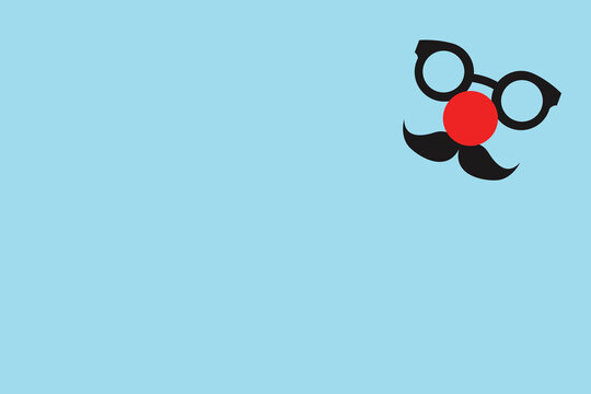 Minimalist design of clown glasses, a red nose, and a mustache on a bright blue background, symbolizing April Fools humor.