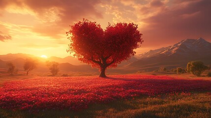 A heart shaped tree stands in the center background