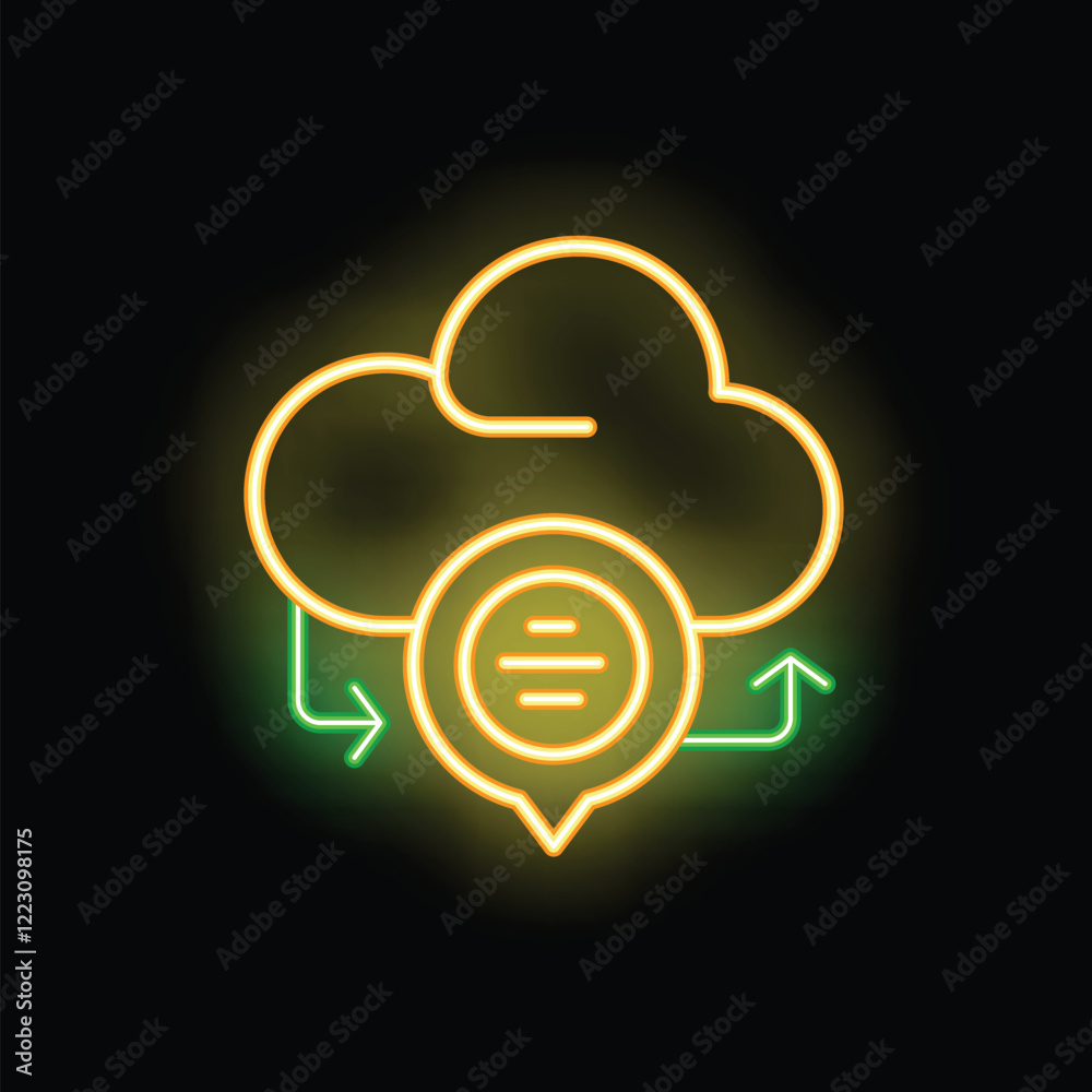 Poster neon icon of cloud computing showing data storage and transfer with arrows indicating data flow