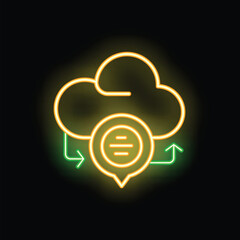 Neon icon of cloud computing showing data storage and transfer with arrows indicating data flow