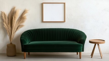 Modern living room with green velvet sofa, cozy throw blanket, round wooden side table, and blank frame on wall, minimalist design with natural light