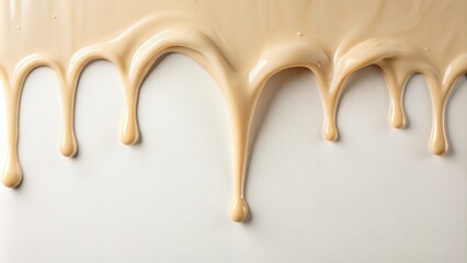 Beige colored slime with tiny droplets forming on its surface as it drips slowly onto an isolated white surface, subtle lighting effects, small beads