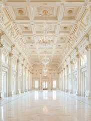 Grand ornate ballroom with marble floors and chandeliers.