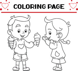 happy couple girl boy is holding two ice cream coloring page for kids