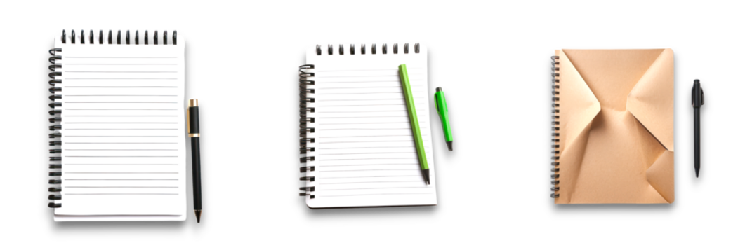 Isolated notebook and pen on transparent background for writing or sketching