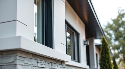 Modern House Exterior: White Facade, Grey Brick, and Black Windows. Contemporary Home Design, Real Estate, Architecture, Property