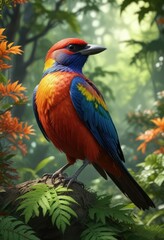 Fototapeta premium Bird's vibrant plumage contrasts with leafy surroundings , birdwatching, red maple leaves