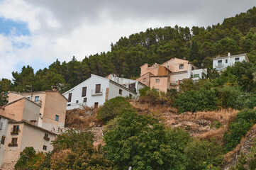 Houses on a lush hillside surrounded by greenery and a cloudy sky