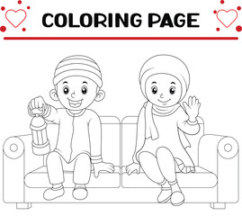 couple is sitting together ramadan night coloring page for kids