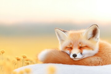 Obraz premium A serene red fox peacefully sleeping amidst a field of golden flowers at sunset, radiating tranquility