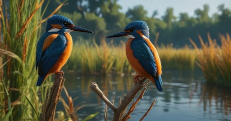 Blue and orange kingfisher by the river reeds, outdoor landscape , aquatic scene, riverbank scenery