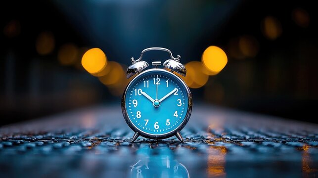 Blue alarm clock on wet pavement at night, city lights blurred background; time management concept