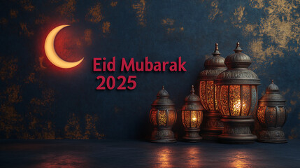 Stunning Eid Mubarak 2025 text with lantern and glowing crescent.