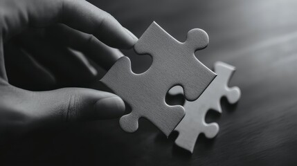 Close-Up of a Hand Holding a Single Puzzle Piece Above Another Piece on a Wooden Table Surface