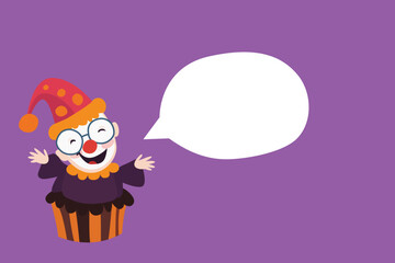 Clown in a cupcake costume on a purple background with a blank speech bubble, perfect for April Fools or humor themes.