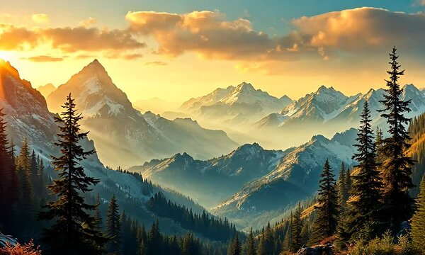 A breathtaking sunrise paints the mountain range in warm, golden hues.  The scene is tranquil and serene.