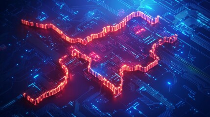 Obraz premium AI-driven innovation, glowing circuit board designs forming the shape of the Great Wall of China, 16:9