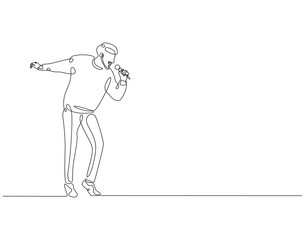 Continuous one line drawing of singer holding microphone. One line drawing illustration of man singing. Musician perfomance concept single line. Editable outline