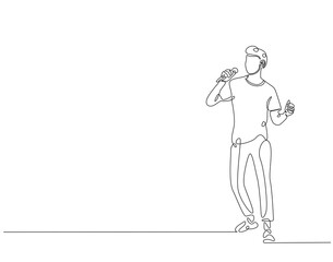 Continuous one line drawing of singer holding microphone. One line drawing illustration of man singing. Musician perfomance concept single line. Editable outline