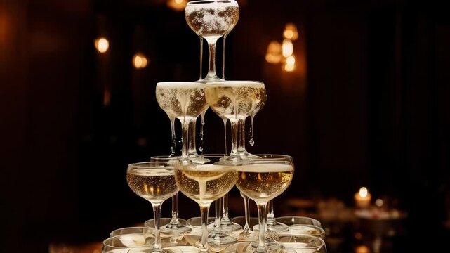 Champagne tower celebration at an elegant event with pouring bubbles and glowing ambiance