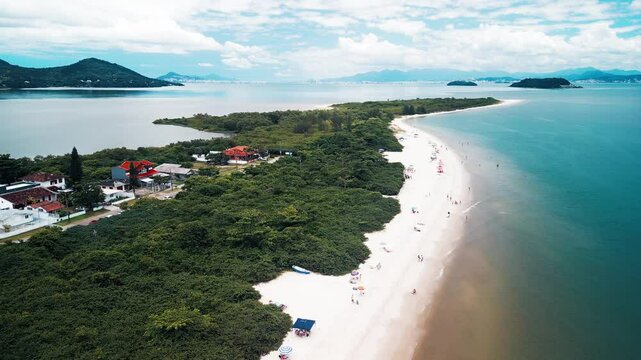 Aerial view of the sandy beach named Daniela located on the north of Santa Catarina island, Florianopolis, Brazil
