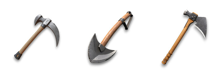 Three isolated axes on a transparent background, suitable for various uses