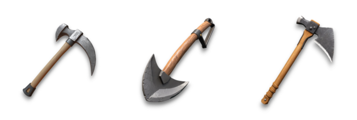 Three isolated axes on a transparent background, suitable for various uses